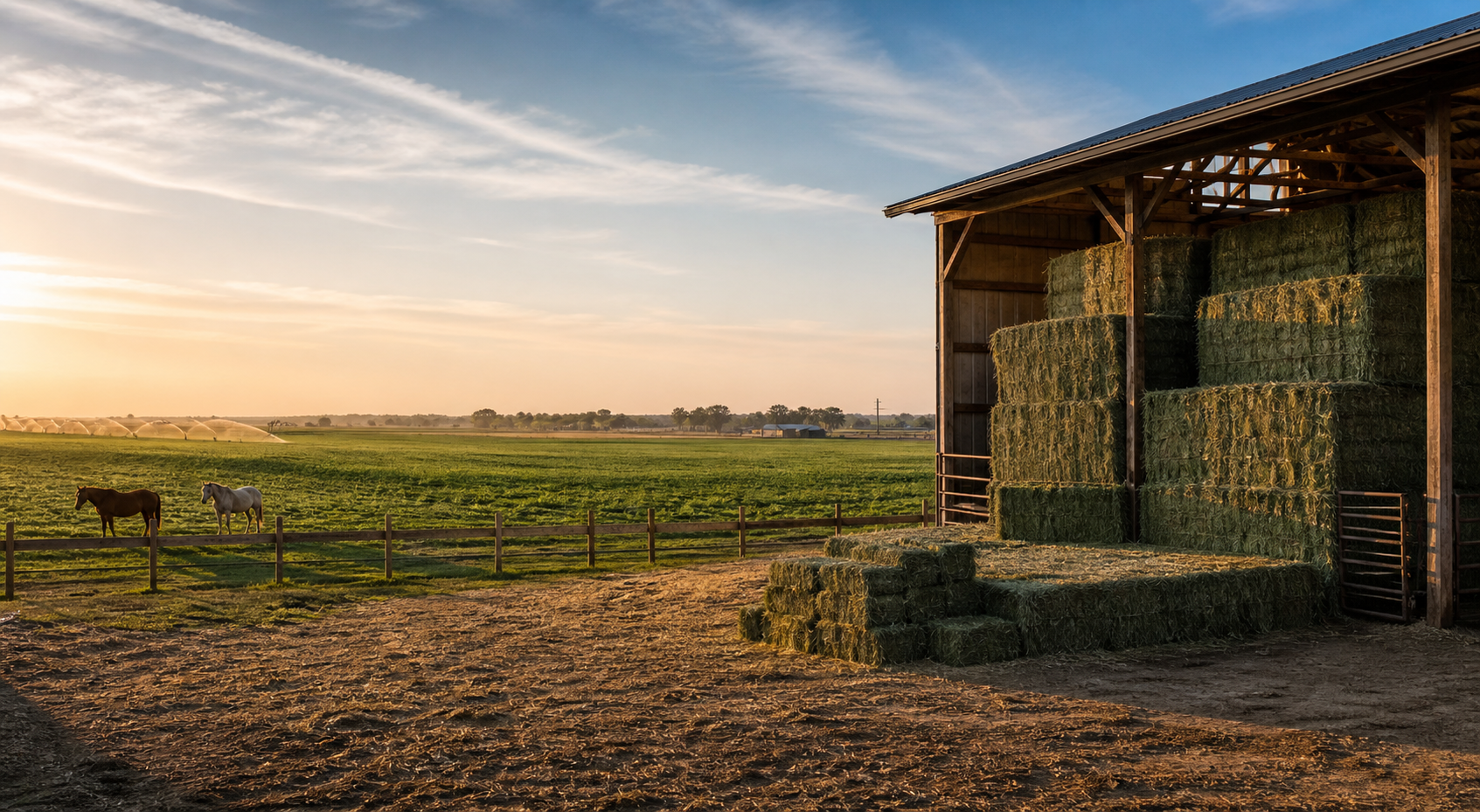 Eastern Oregon alfalfa field with hay bales, barn, and horses