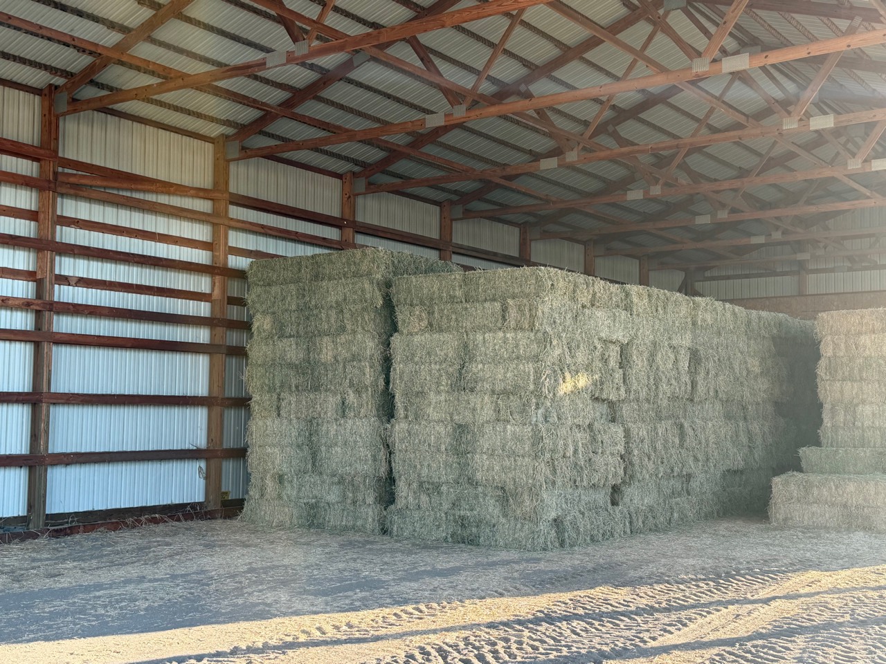Barn-stored alfalfa hay stacked inside the Royer Ranch hay barn