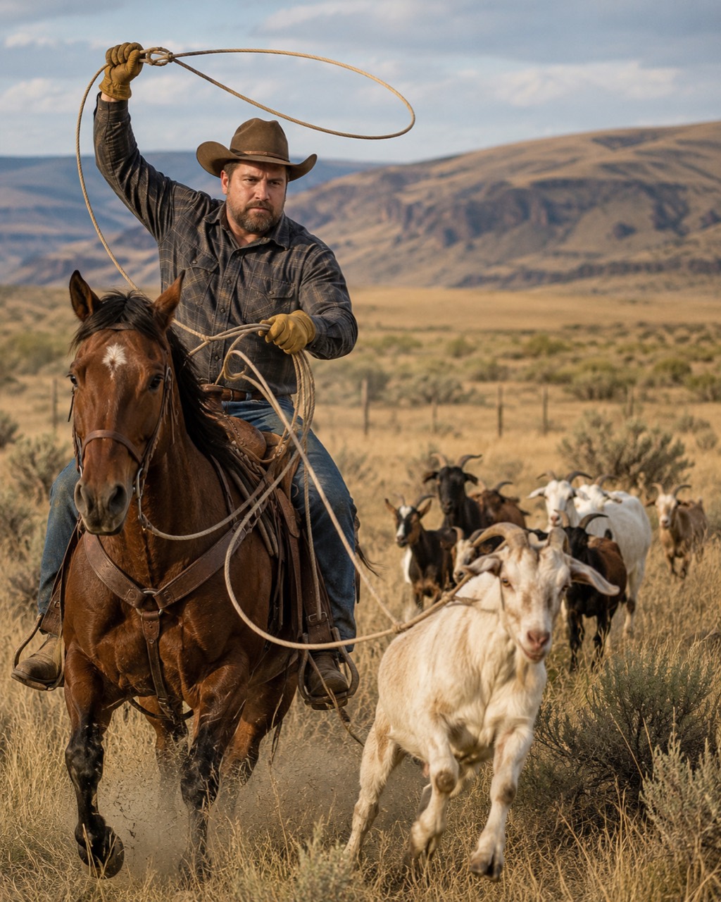 Ranch rider horseback with livestock in Eastern Oregon range country